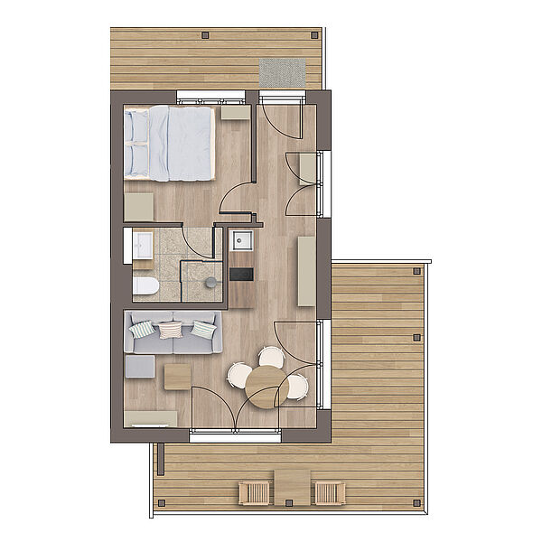 Grundriss Wohnung 10: Schlaf-Zimmer mit Bad, Wohn-Zimmer mit Koch-Bereich, Eck-Balkon.